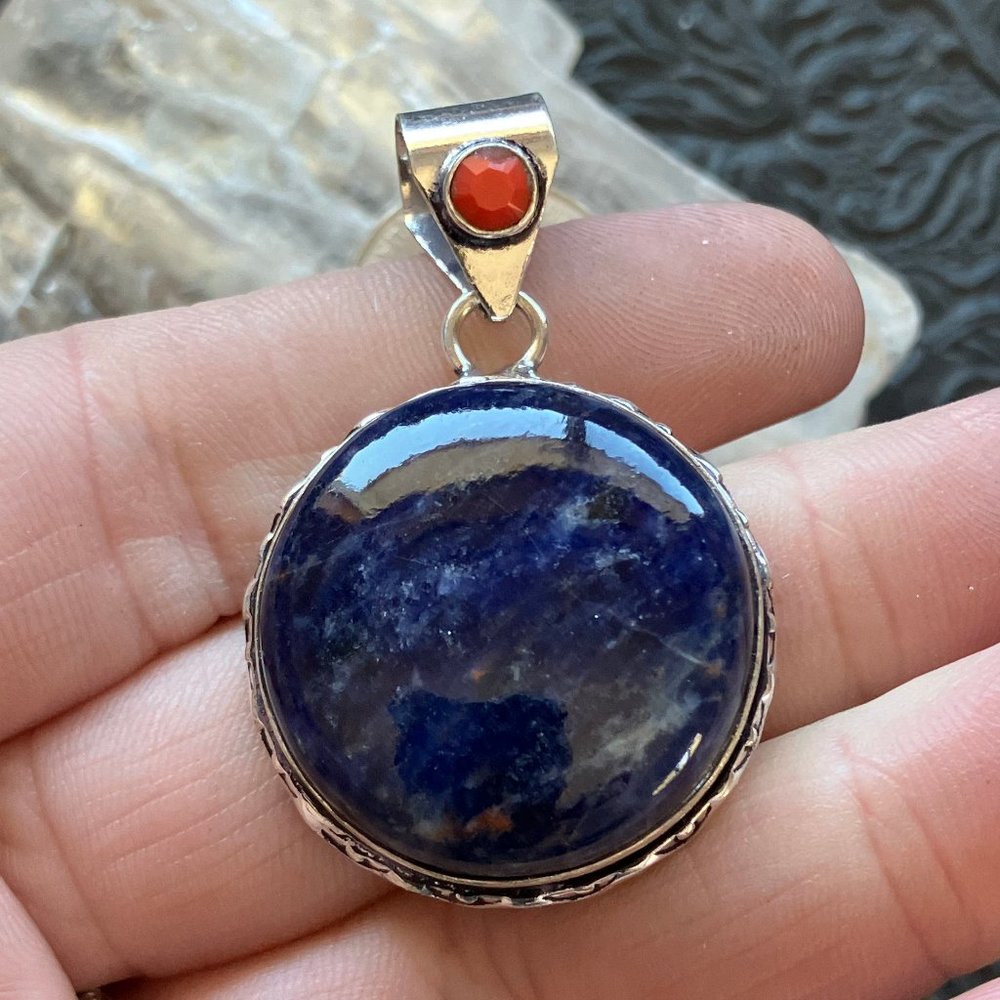 Sodalite and Red Coral Crystal Stone Jewelry Pendant
